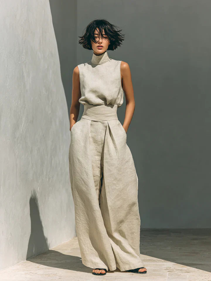 Flor | Women’s Minimalist Cotton and Linen Vest Top & Wide-Leg Trousers Set
