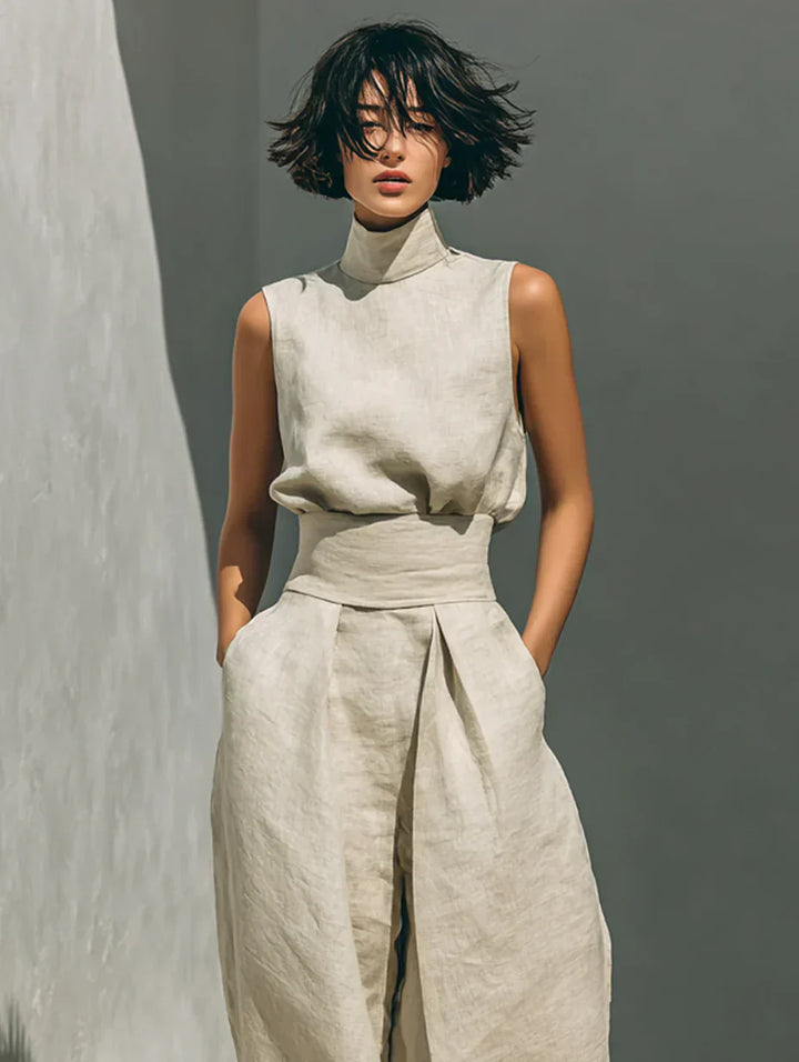 Flor | Women’s Minimalist Cotton and Linen Vest Top & Wide-Leg Trousers Set