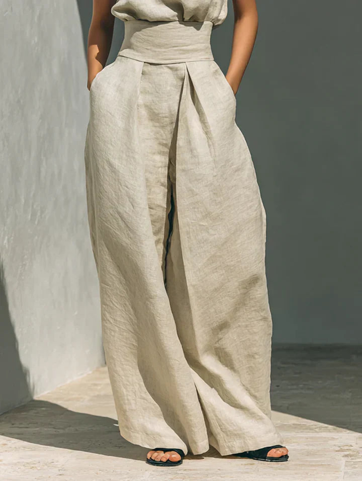 Flor | Women’s Minimalist Cotton and Linen Vest Top & Wide-Leg Trousers Set