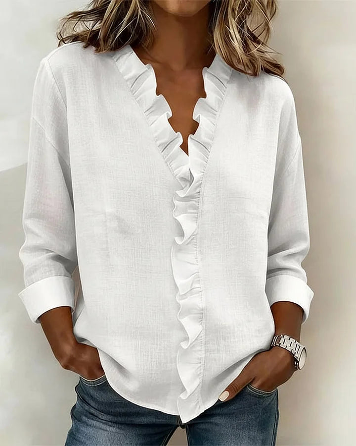 Margot Blouse with Ruffles, V-Neck and Long Sleeves