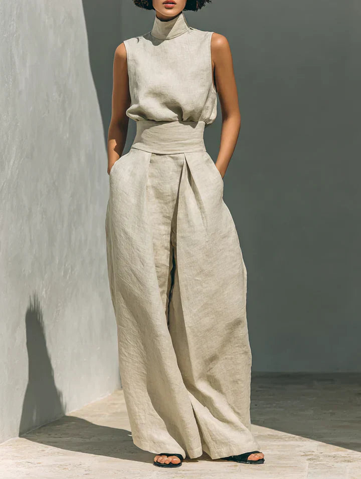 Flor | Women’s Minimalist Cotton and Linen Vest Top & Wide-Leg Trousers Set