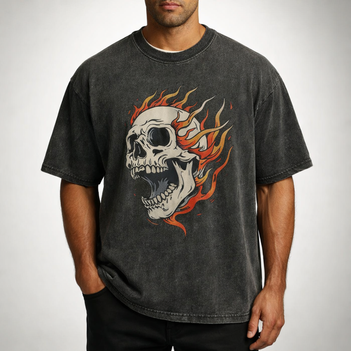 Kai Oversized Acid Wash Flaming Skull Tee
