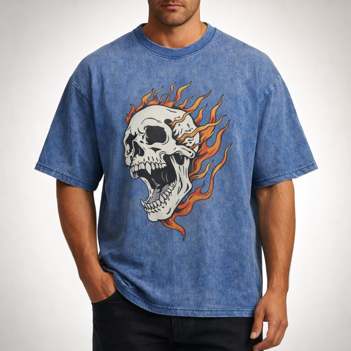 Kai Oversized Acid Wash Flaming Skull Tee