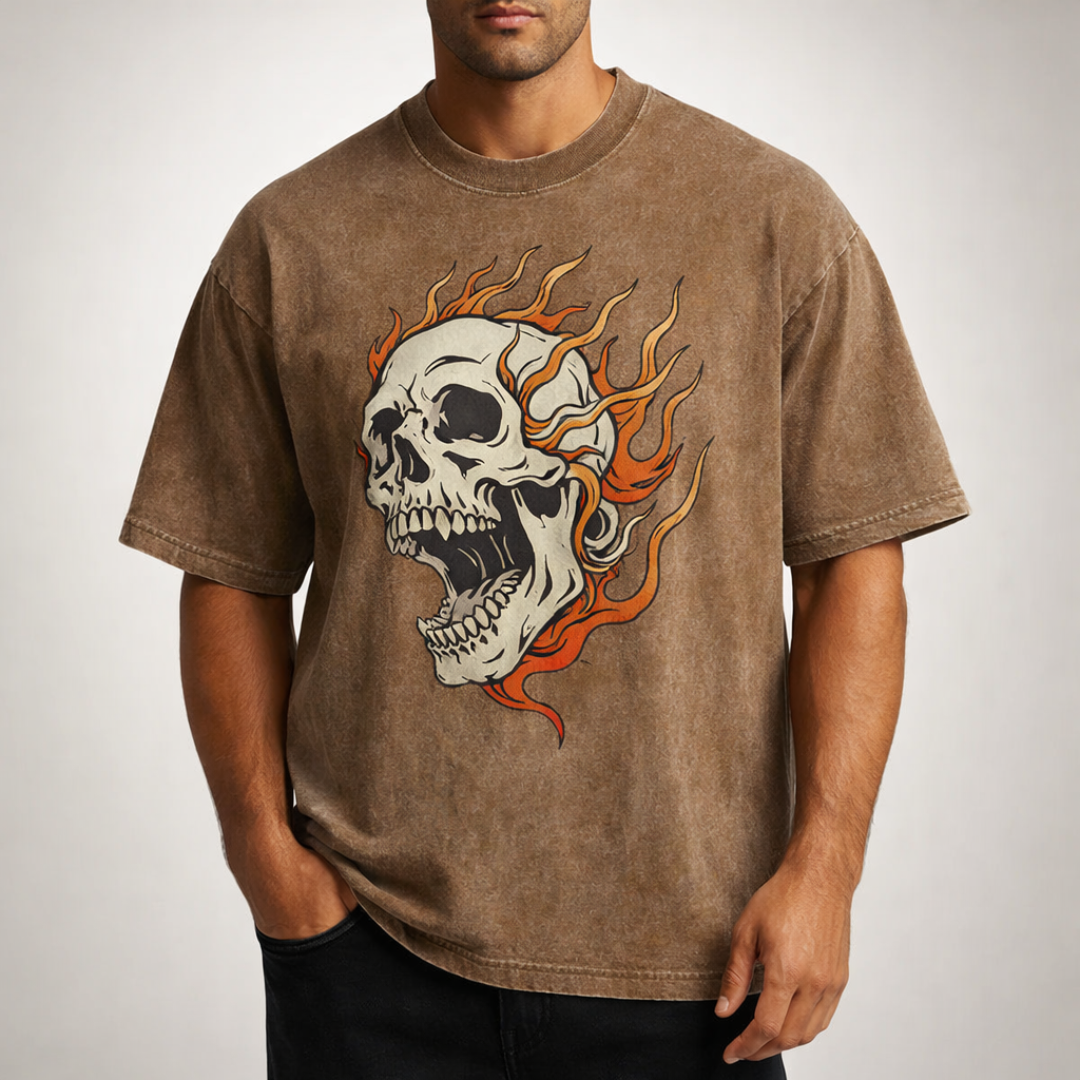 Kai Oversized Acid Wash Flaming Skull Tee