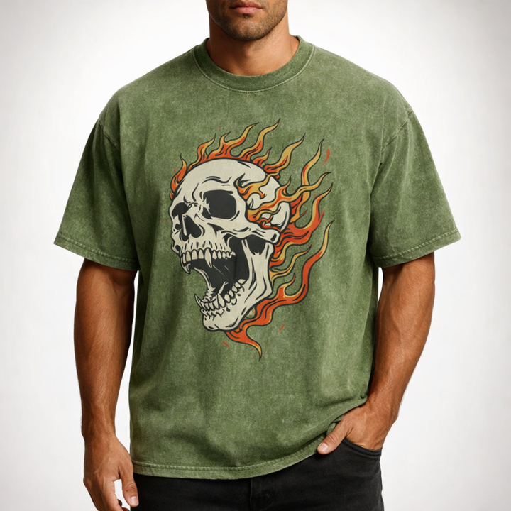 Kai Oversized Acid Wash Flaming Skull Tee