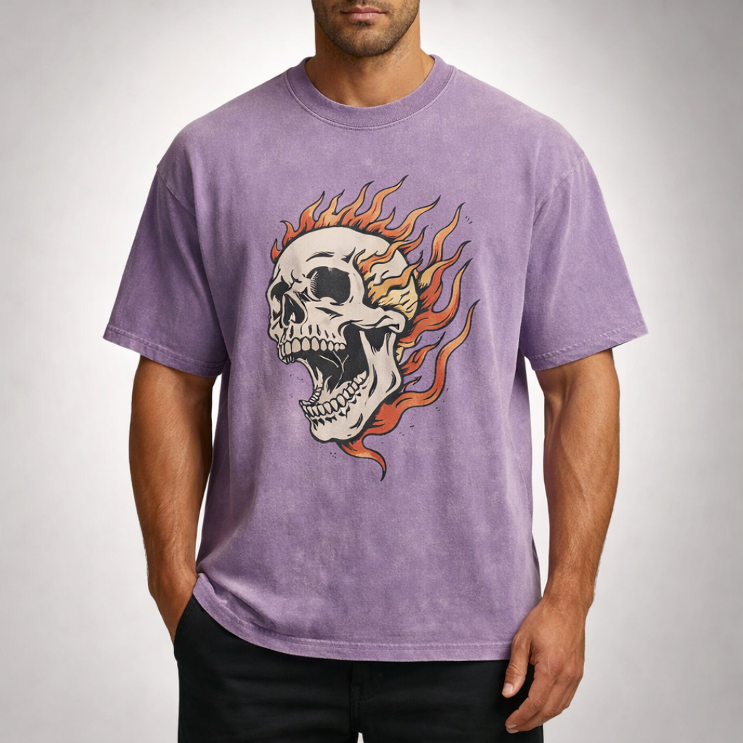 Kai Oversized Acid Wash Flaming Skull Tee