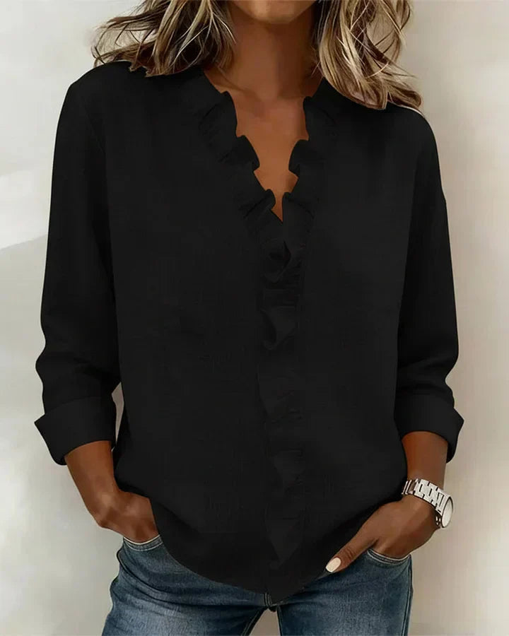 Margot Blouse with Ruffles, V-Neck and Long Sleeves