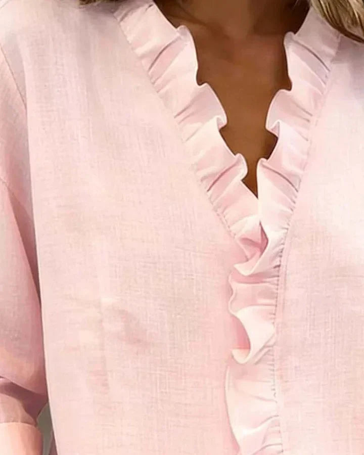 Margot Blouse with Ruffles, V-Neck and Long Sleeves