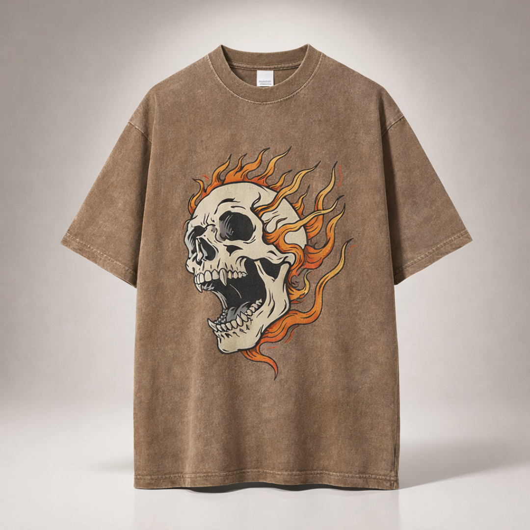 Kai Oversized Acid Wash Flaming Skull Tee