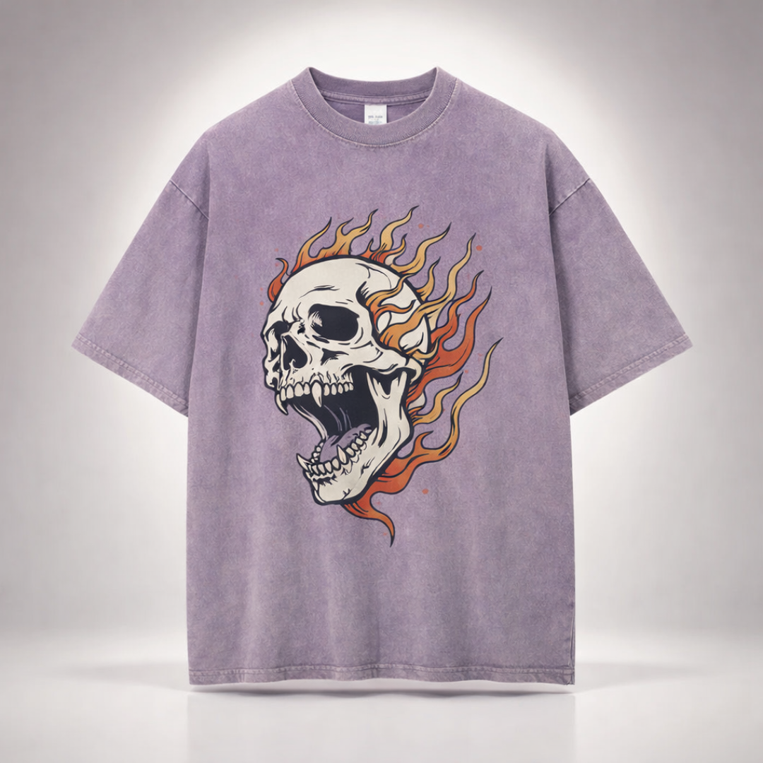 Kai Oversized Acid Wash Flaming Skull Tee