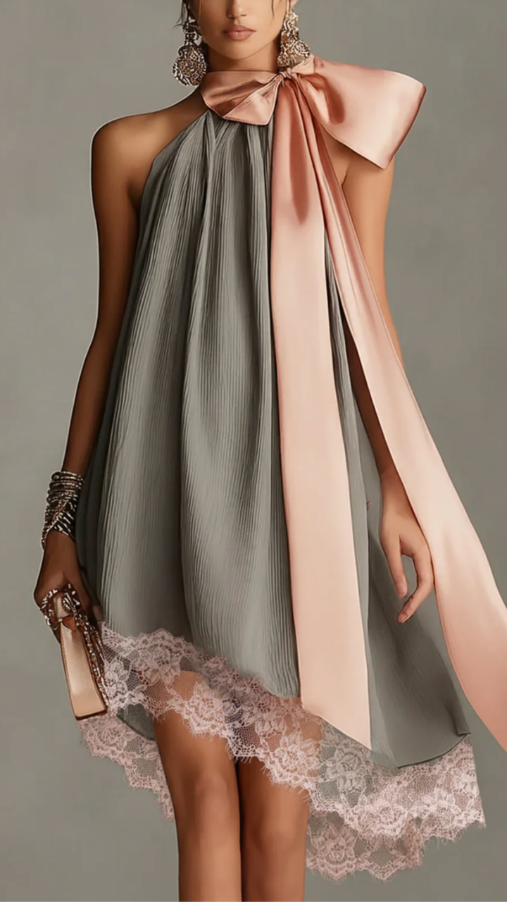 Lola Grey Satin Mini Dress with Pink Bow & Lace