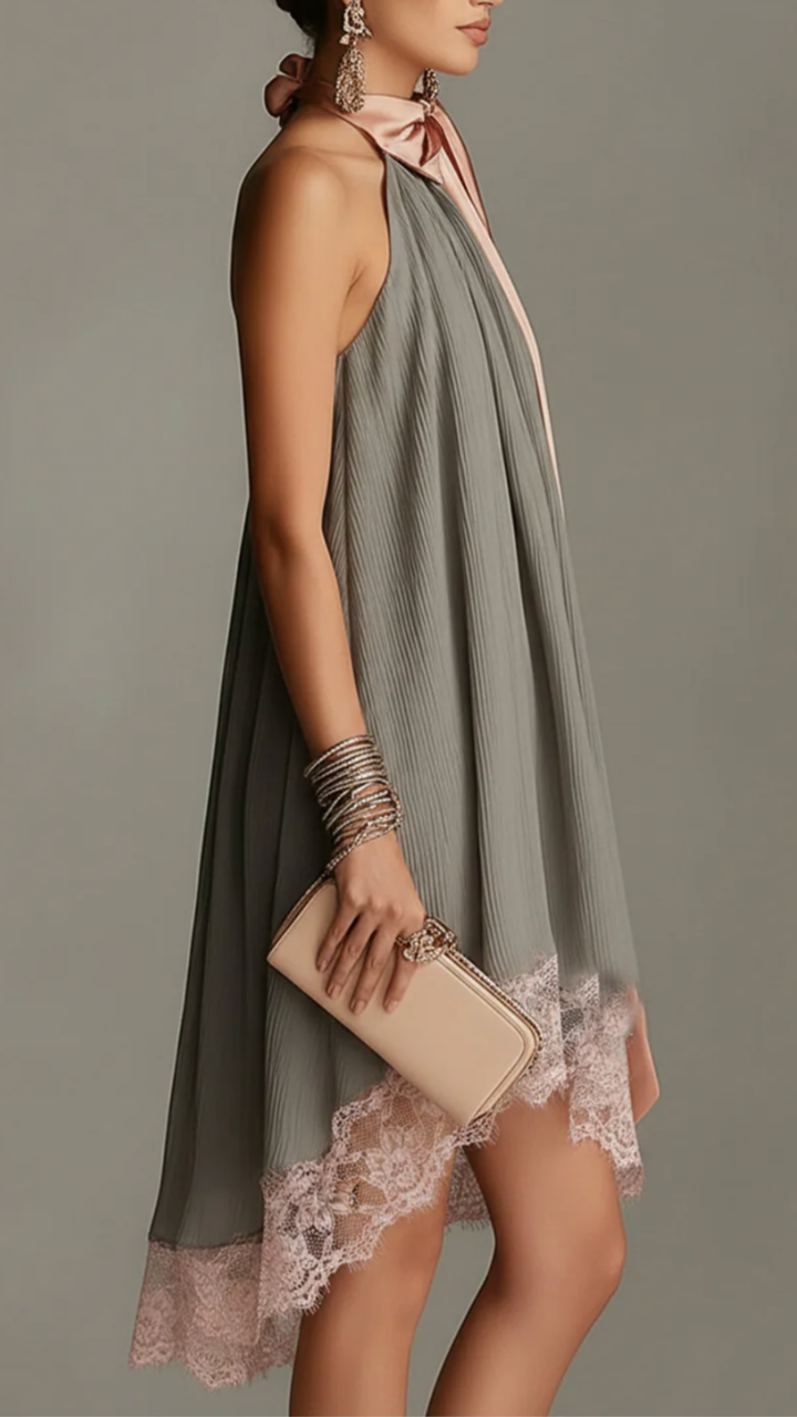 Lola Grey Satin Mini Dress with Pink Bow & Lace