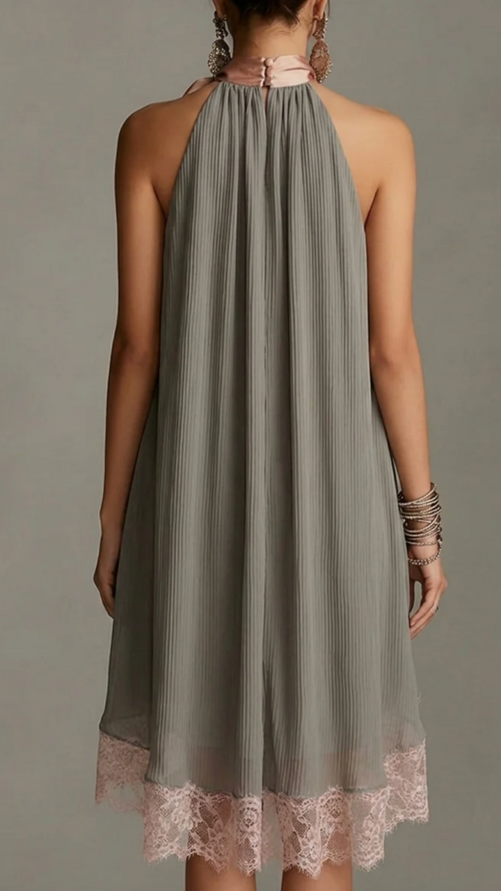 Lola Grey Satin Mini Dress with Pink Bow & Lace