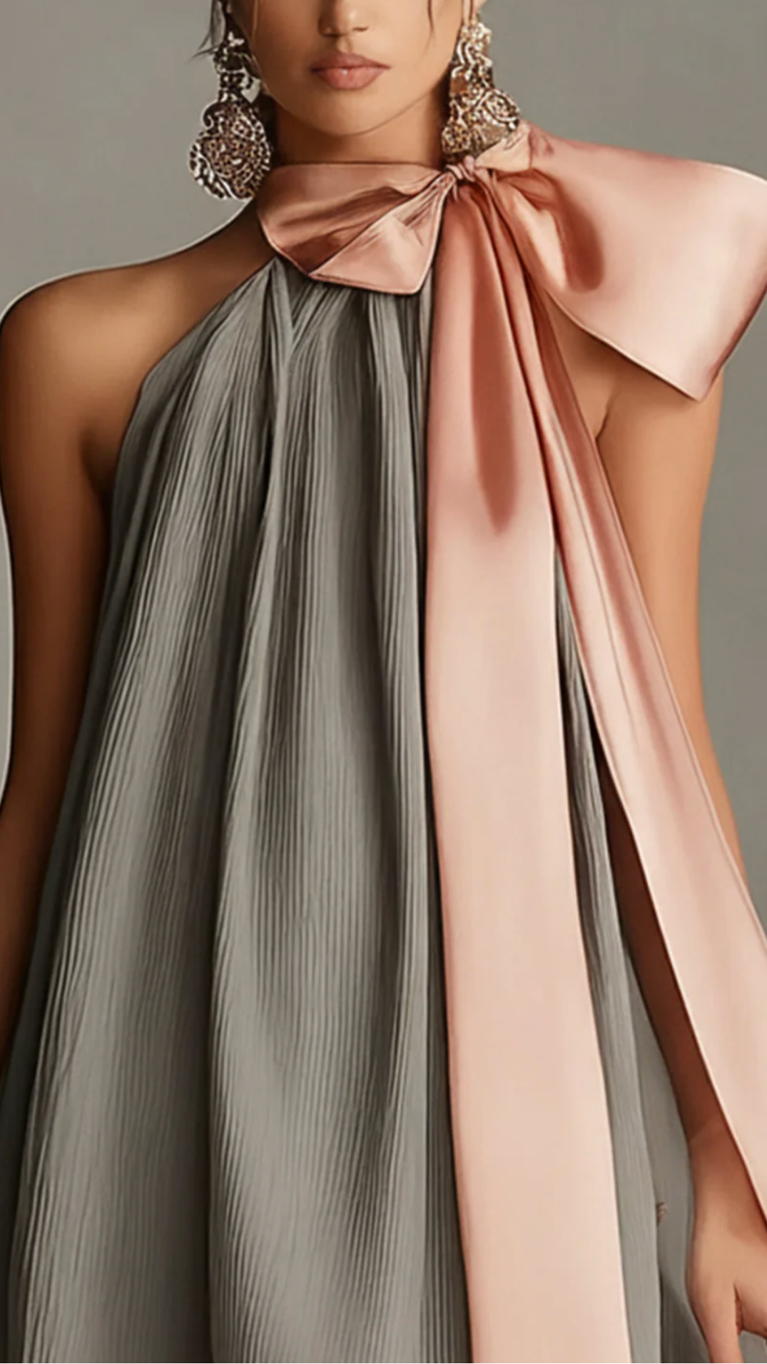 Lola Grey Satin Mini Dress with Pink Bow & Lace