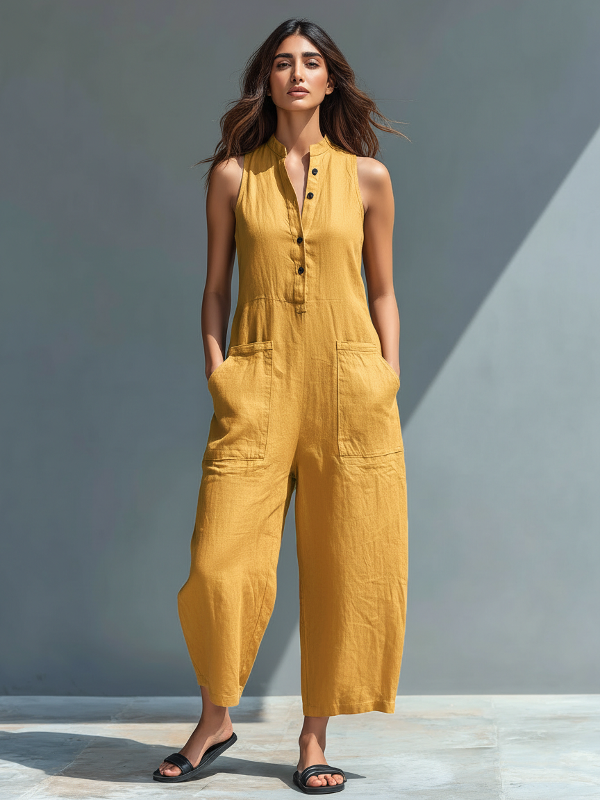 Silvia Minimalist Sleeveless Linen Blend Jumpsuit
