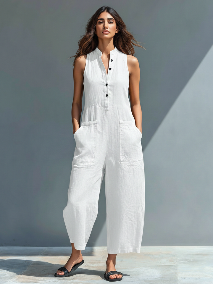 Silvia Minimalist Sleeveless Linen Blend Jumpsuit