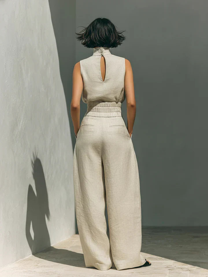 Flor | Women’s Minimalist Cotton and Linen Vest Top & Wide-Leg Trousers Set