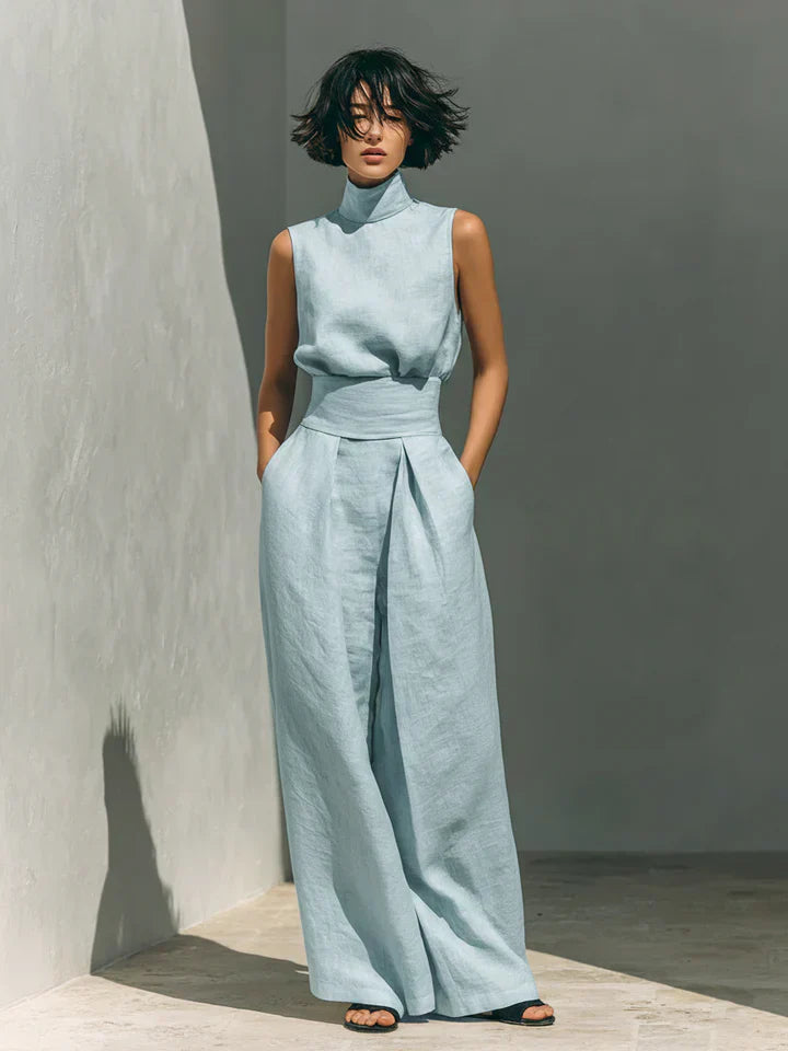 Flor | Women’s Minimalist Cotton and Linen Vest Top & Wide-Leg Trousers Set