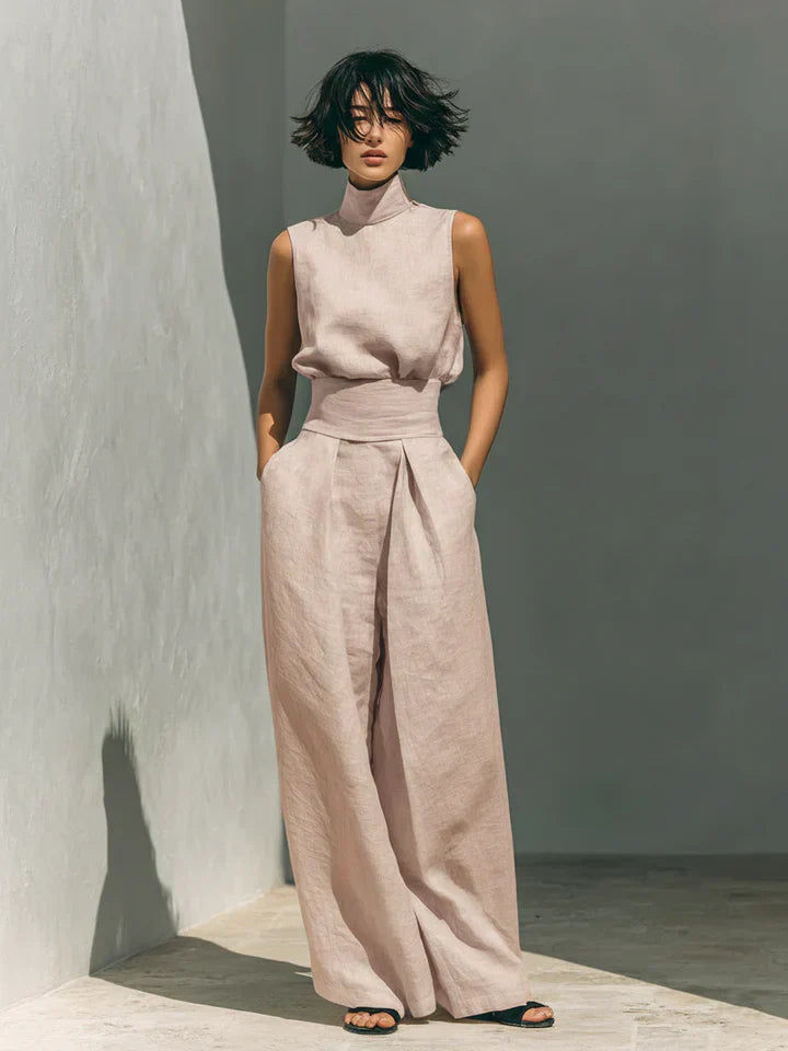 Flor | Women’s Minimalist Cotton and Linen Vest Top & Wide-Leg Trousers Set
