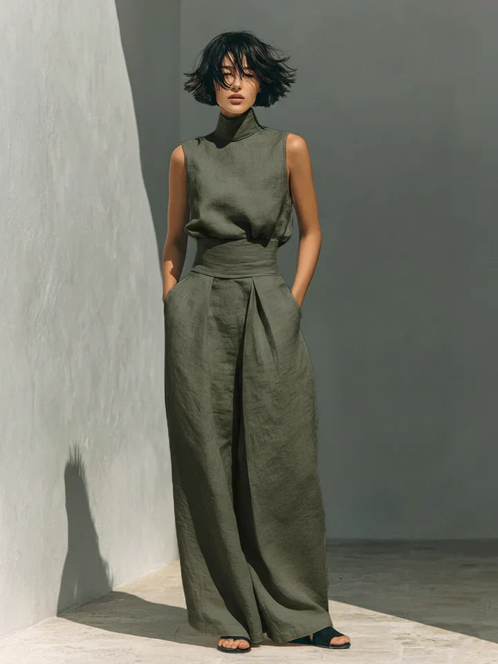 Flor | Women’s Minimalist Cotton and Linen Vest Top & Wide-Leg Trousers Set
