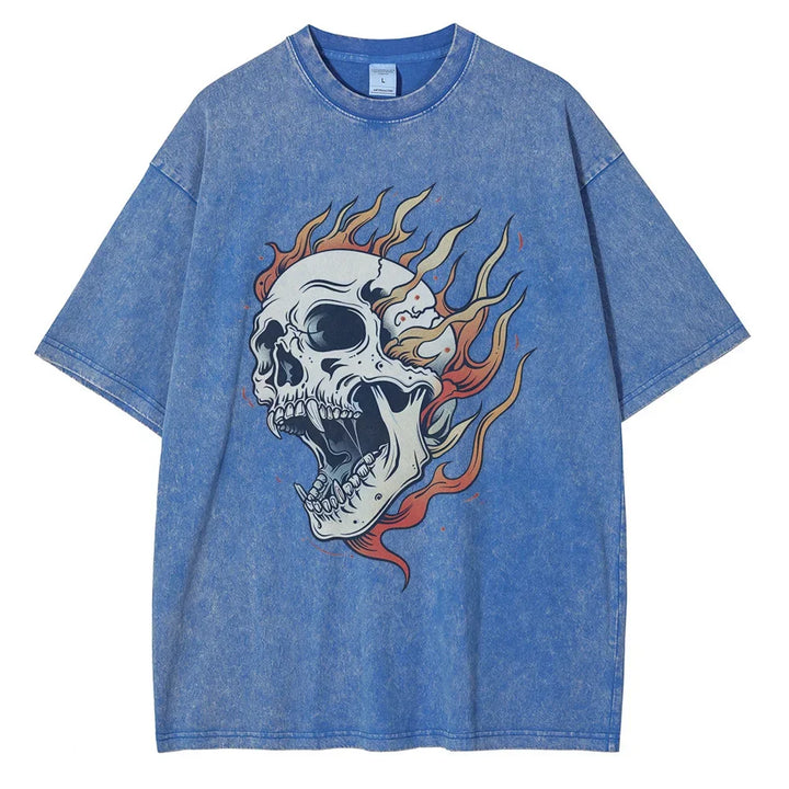 Kai Oversized Acid Wash Flaming Skull Tee