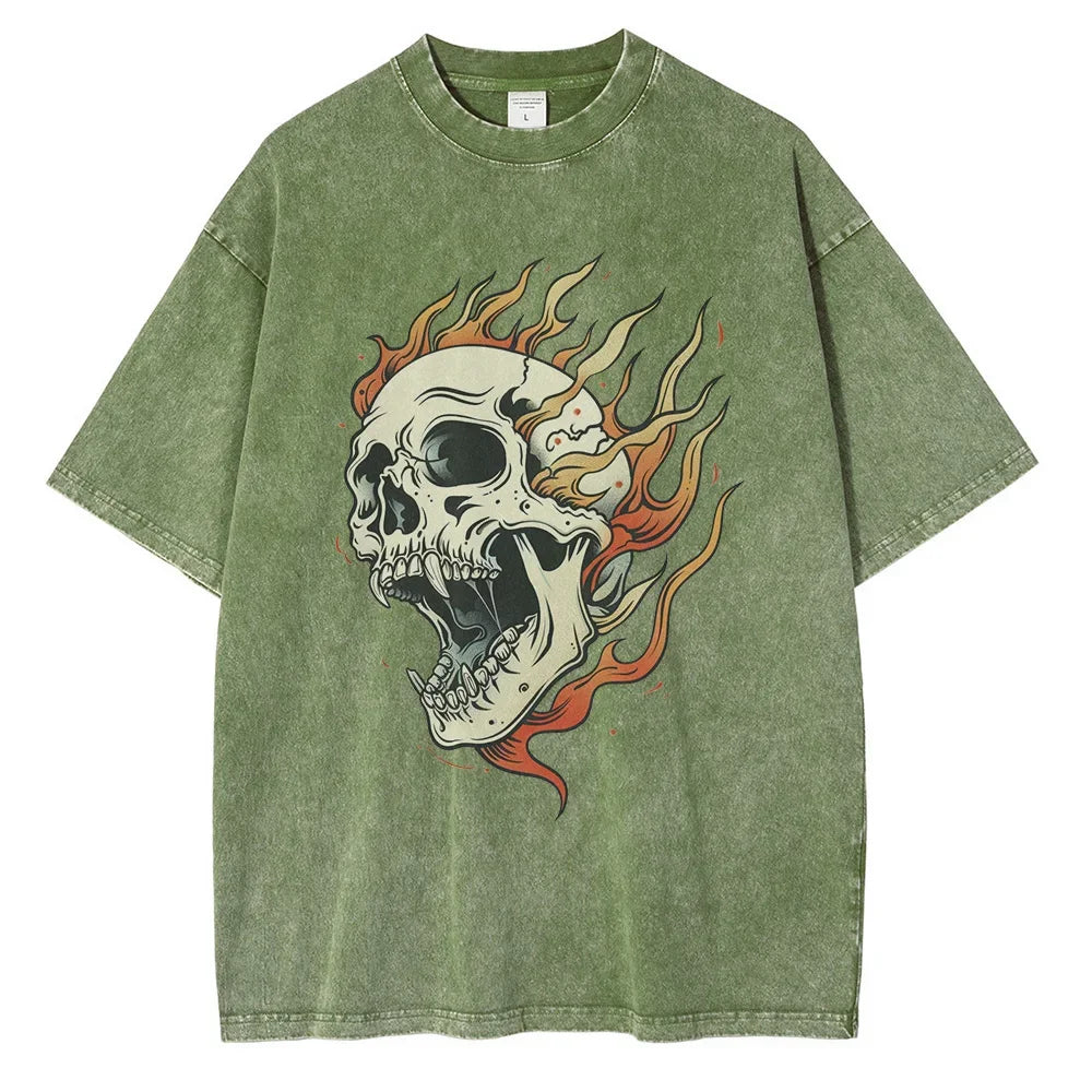 Kai Oversized Acid Wash Flaming Skull Tee