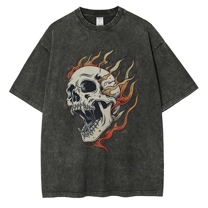 Kai Oversized Acid Wash Flaming Skull Tee