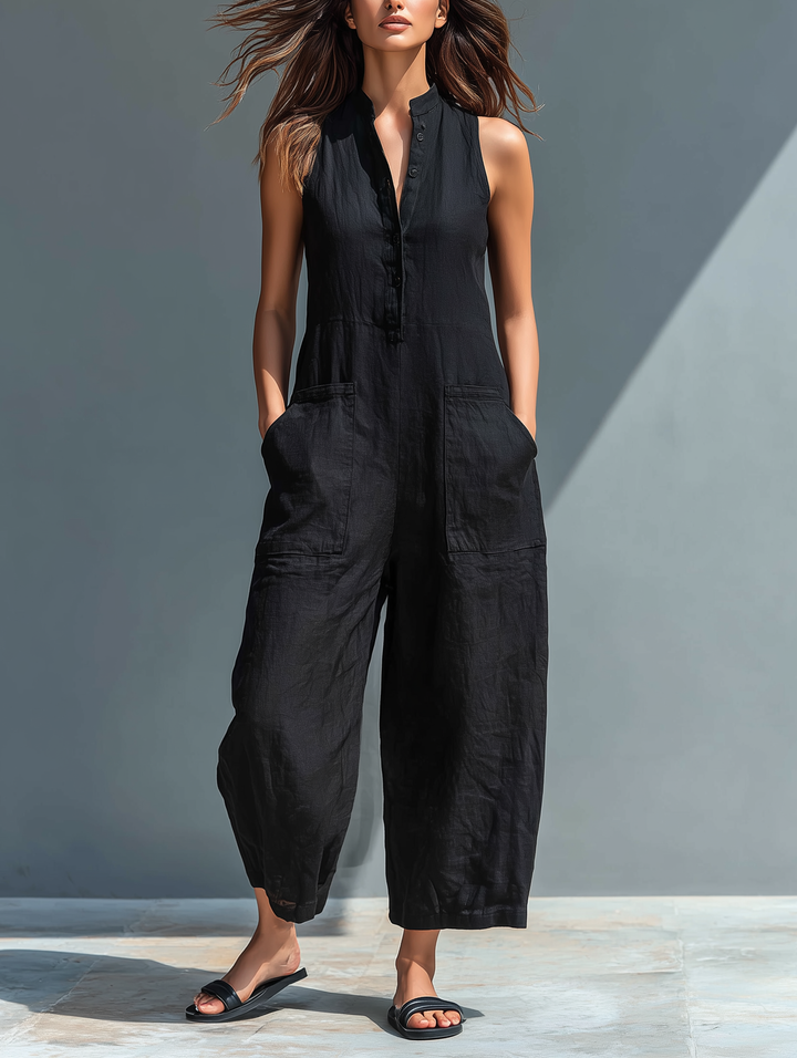 Silvia Minimalist Sleeveless Linen Blend Jumpsuit