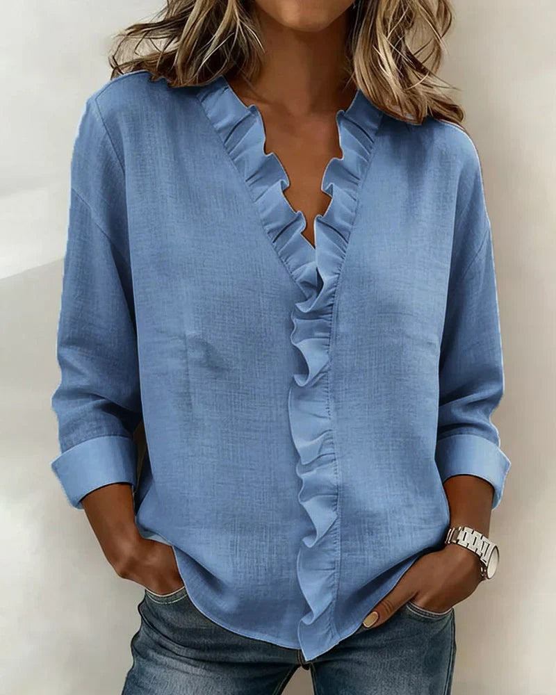 Margot Blouse with Ruffles, V-Neck and Long Sleeves