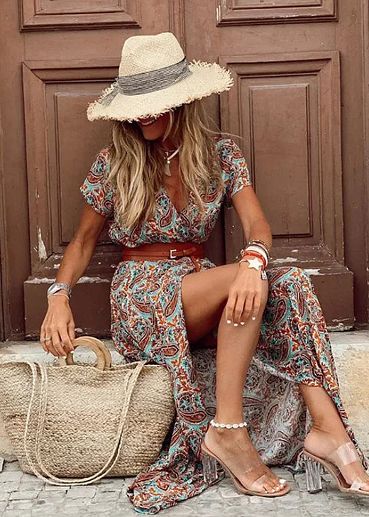 Joselin Flowing Bohemian Maxi Dress with Belt