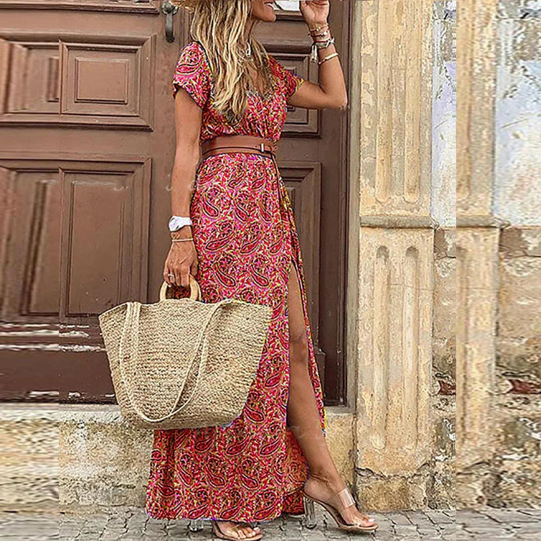 Joselin Flowing Bohemian Maxi Dress with Belt